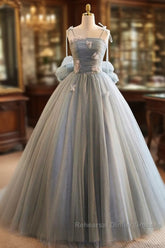 Unique And Beautiful Gray Sticker Sleeveless Off The Shoulder Ball Dress, Gray A-Line Princess Sheer Thin Shoulder Strap, Backless Tie Bow And Ground Length Semi Formal Prom Dress